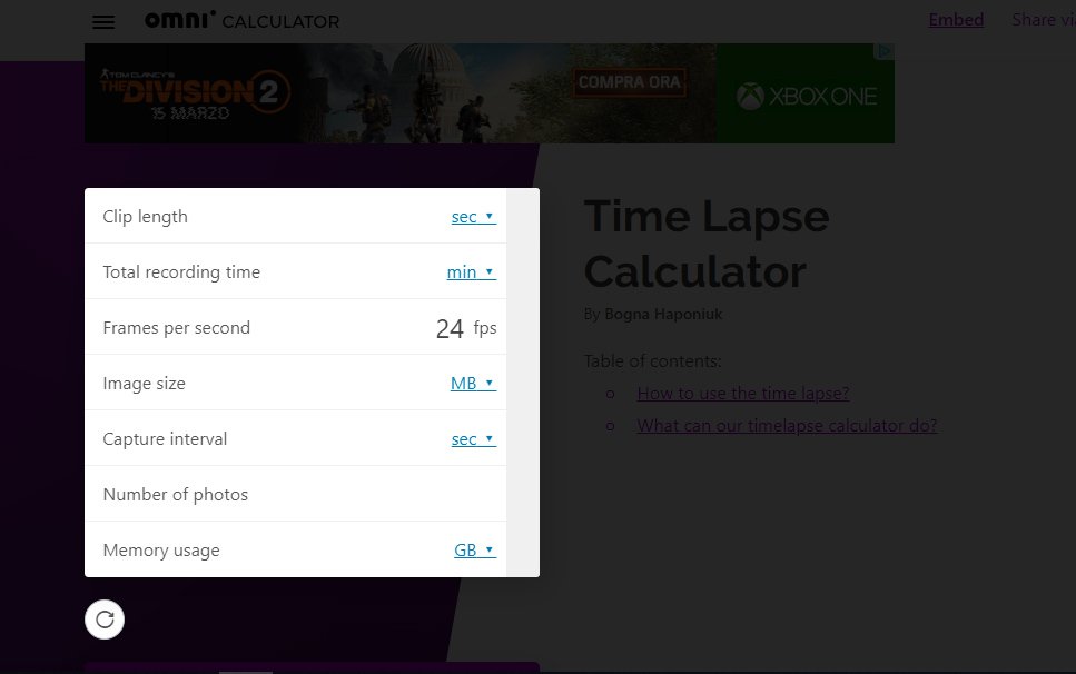 Il tool online Omnicalculator per calcolare i tempi di ripresa del time lapse