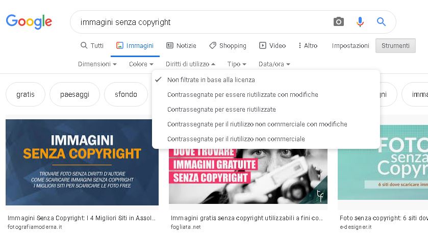 immagini senza copyright su google